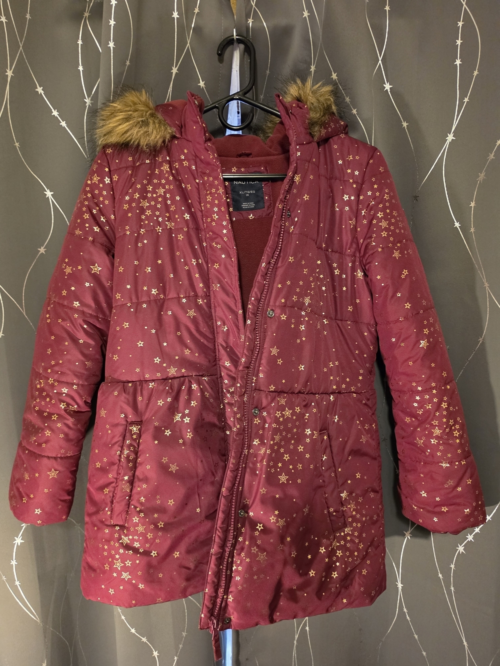 Nautica Maroon Puffer Coat with Gold Star Print and Faux Fur Hood
